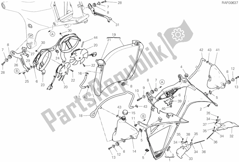 All parts for the Water Cooler of the Ducati Superbike Panigale V4 S USA 1100 2019